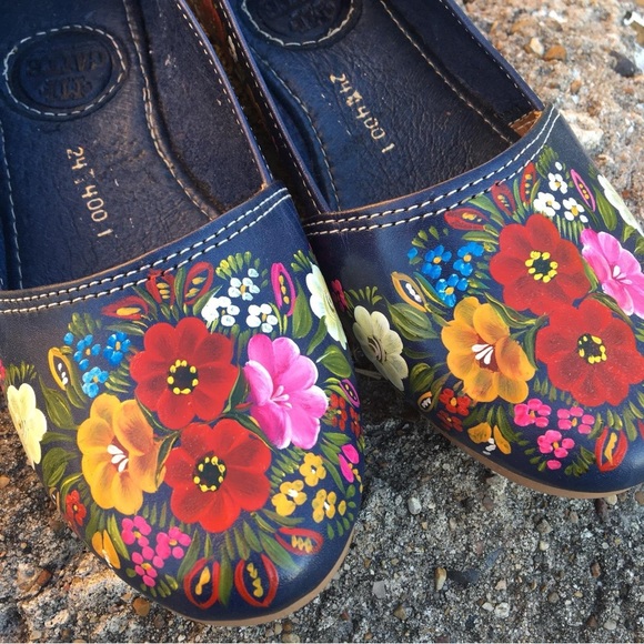 Navy Leather Flats Handpainted - Picture 1 of 5